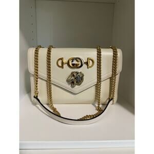 $3225 Gucci Vitello Palmellato Lux Crystal Medium Rajah Shoulder Bag White